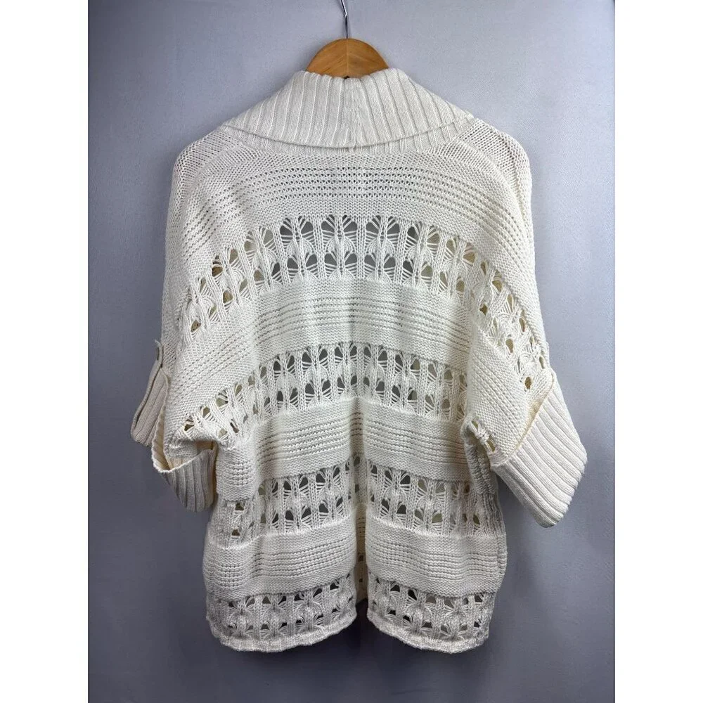 Chicos Womens Open Weave Cardigan Sweater Size XL 100% Cotton Ribbed Shawl Colla
